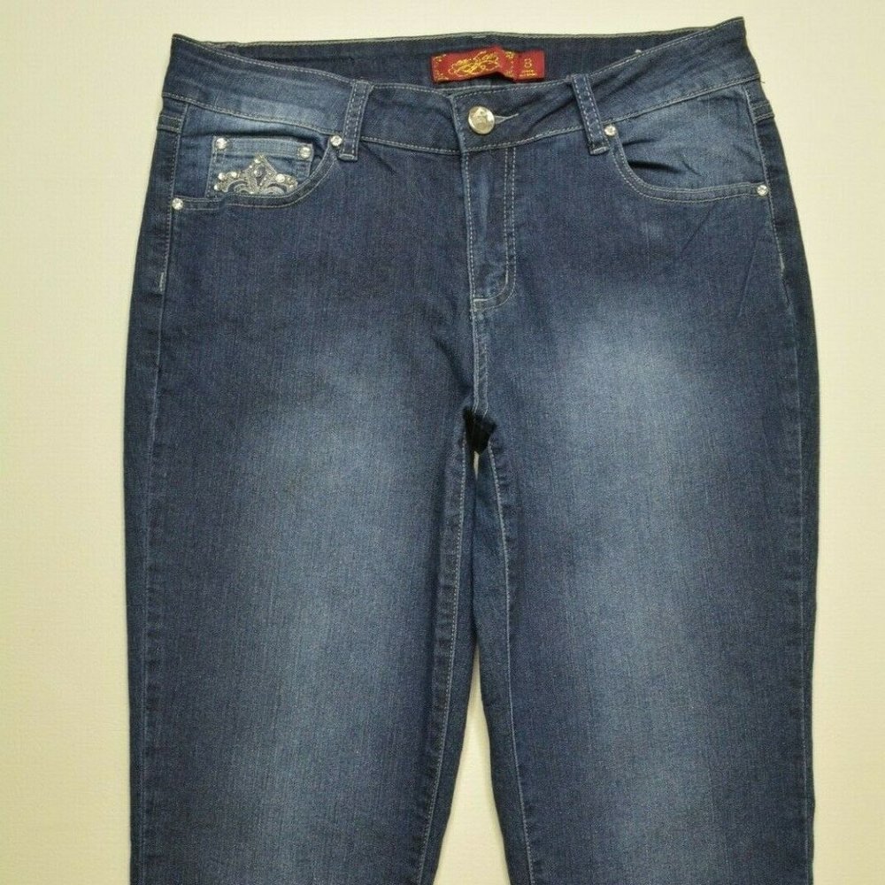 One 5 One Size 8‎ Womens EMBELLISHED Cropped CAPRI Stretch MED Wash BLUE JEANS